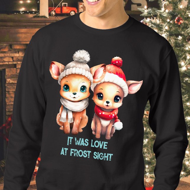 It was love at frost sight Cute Deer Christmas Sweatshirt (It was love at frost sight funny Christmas sweatshirt with cute deer in hats)