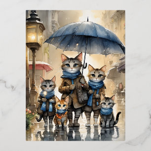 It was raining outside, so the mother cat called h foil holiday postcard