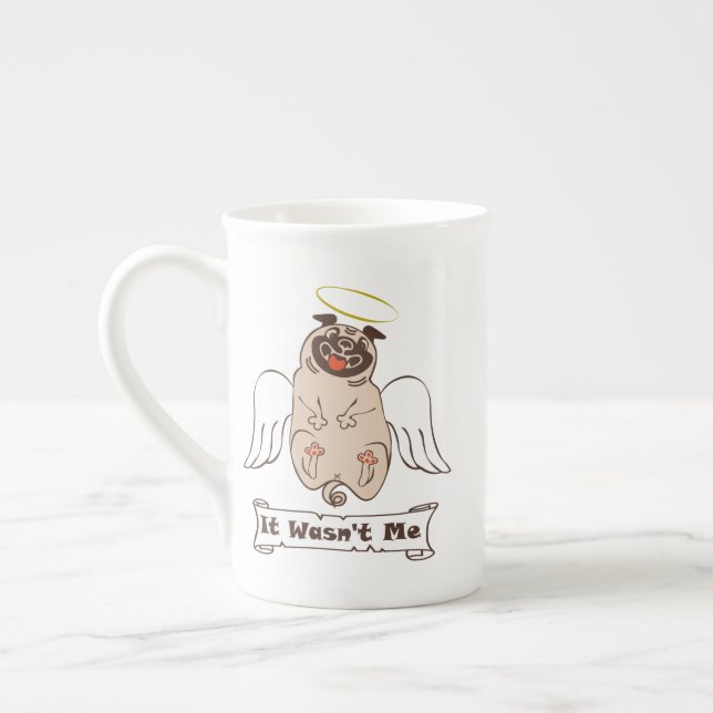 It Wasn't Me angel pug funny quote   Bone China Mug (Left)
