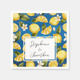Italia Blue Watercolor Lemon Calligraphy Napkin