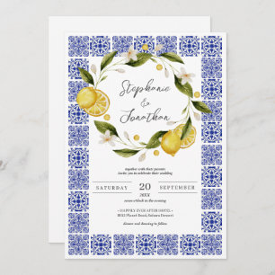 Italia Blue Watercolor Lemon Calligraphy Wedding Invitation