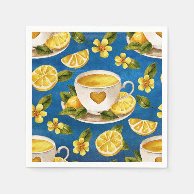 Italia Blue Watercolor Lemon Coffee Cup Napkin (Front)