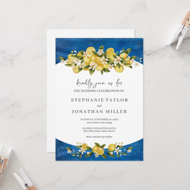 Italia Blue Watercolor Lemon Wedding Invitation (Front/Back In Situ)