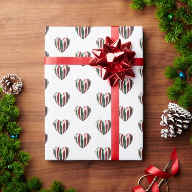Italian 3D Hearts Ornaments Wrapping Paper (3D green white and red Hearts repeat pattern on gift wrapping paper for Italian Christmas)