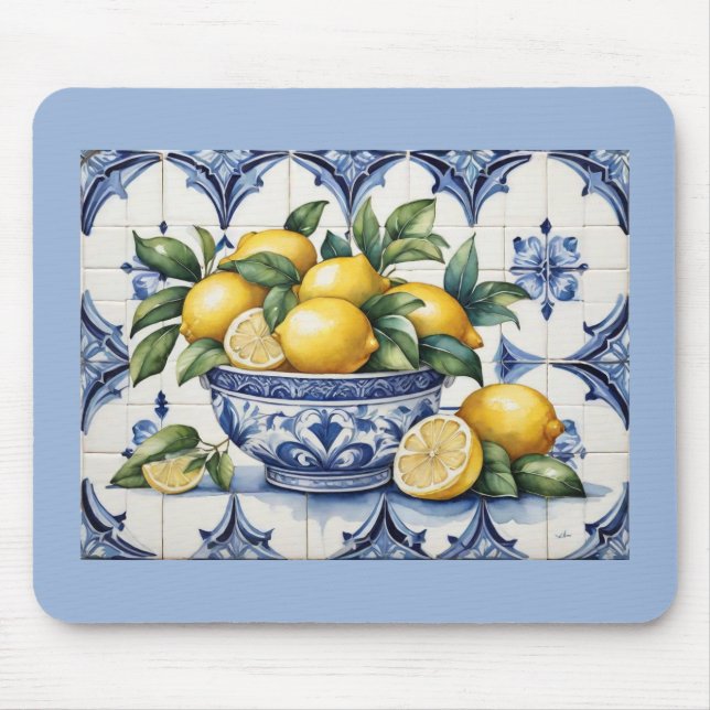 Italian Amalfi blue white tiles bowl of lemons Mouse Pad (Front)