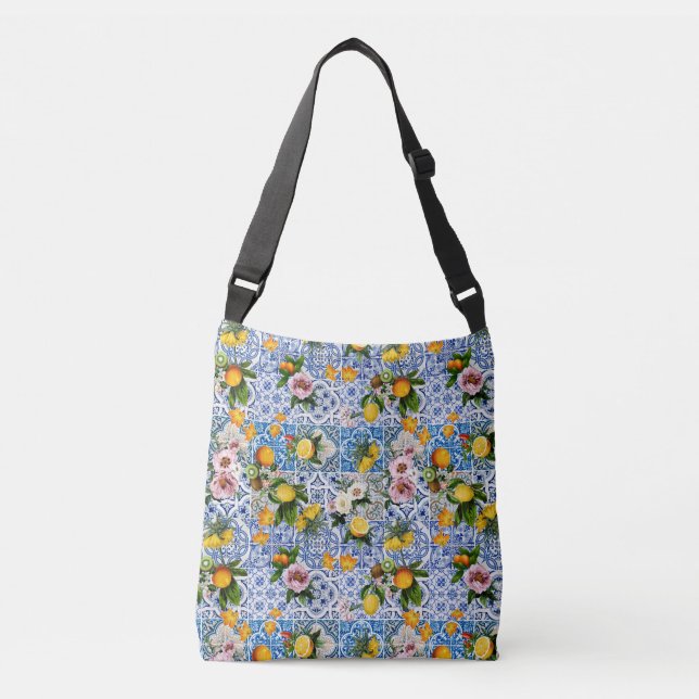 Italian Amalfi blue white tiles lemons oranges  Crossbody Bag (Front)