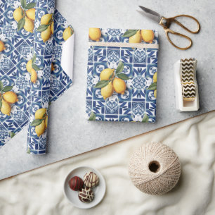 Italian Amalfi blue white tiles lemons Wrapping Paper