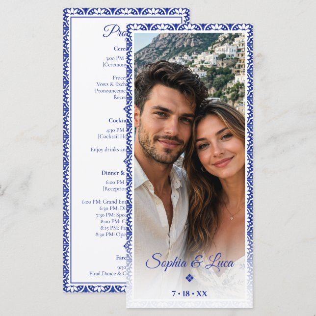 Italian Amalfi Coast Blue Tile Lemon Wedding Programme (Front/Back)