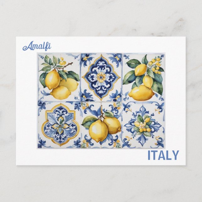 Italian Amalfi Coast blue white tiles lemons  Postcard (Front)