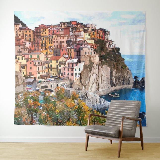 Italian Amalfi Coast Watercolor Art Painting Tapestry (In Situ (Horizontal))