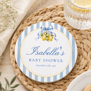 Italian Amalfi Lemon Blue Striped Baby Shower Round Paper Coaster