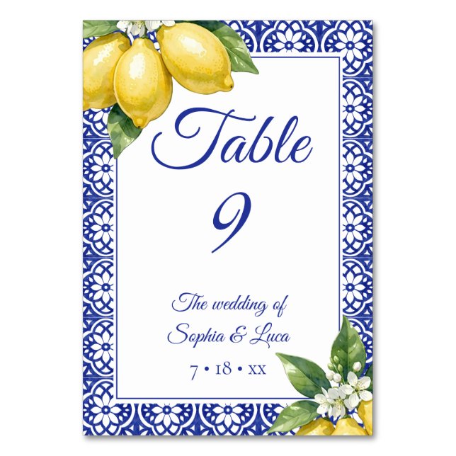 Italian Amalfi Lemon Blue Tile Table Number Card (Front)