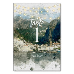 Italian Amalfi lights wedding table number card