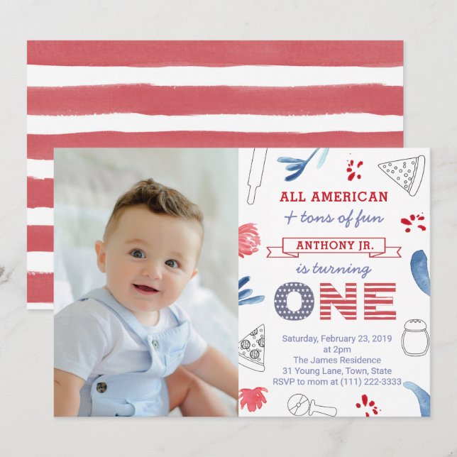Italian-American Pizza 1st Birthday Party Picture Invitation (Front/Back)