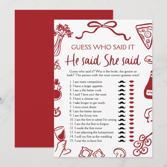 Italian Amore He Said She Said Bridal Shower Game Invitation (Front/Back)