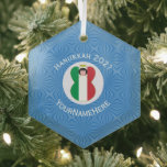 Italian Angel Flag for Hanukkah Glass Tree Decoration<br><div class="desc">An angel dressed in the green, white, and red tricolor flag of Italy shows on a hexagon shaped glass ornament for holiday and Hanukkah decor. Designed for families of multiple religions, this Italian flag Hanukkah angel is inside a white circle of squiggly squares, surrounded by a background of blue squiggly...</div>