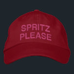 Italian Aperol Spritz Funny Quote Pink Red Custom<br><div class="desc">Elevate your summer style with this playful "Spritz Please" hat, perfect for lovers of Aperol Spritz and aperitivo culture. This trendy embroidered hat in a bold red colour adds a fun twist to any casual outing or cocktail hour. Whether you're relaxing at a beach bar, attending a summer party, or...</div>