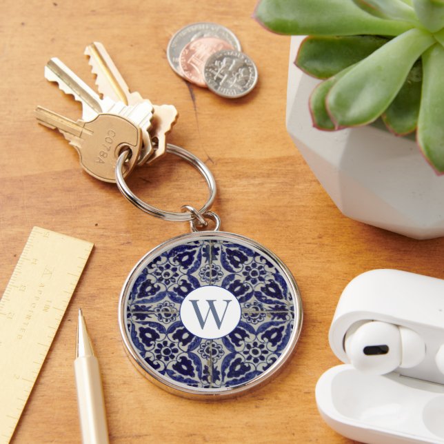 Italian Azulejo Blue White Geometric Monogrammed Key Ring (Desk)
