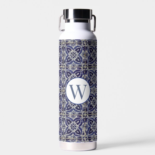 Italian Azulejo Blue White Geometric Monogrammed Water Bottle (Front)