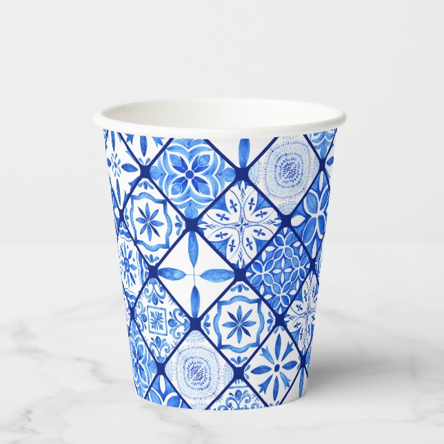 Italian Blue And White Tiles Birthday Party Paper Cups (Front)