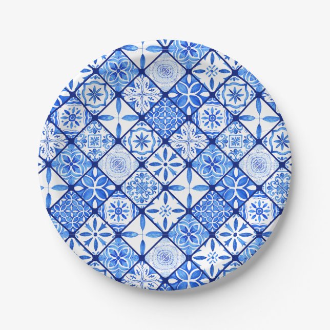 Italian Blue And White Tiles Birthday Party Paper Plate (Front)