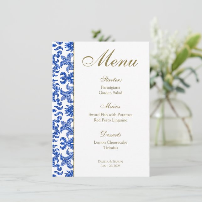 Italian Blue and White Wedding Menu (Standing Front)