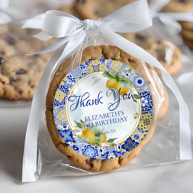 Italian Blue Gold Tile Lemons Script Thank You Classic Round Sticker (Creator Uploaded)