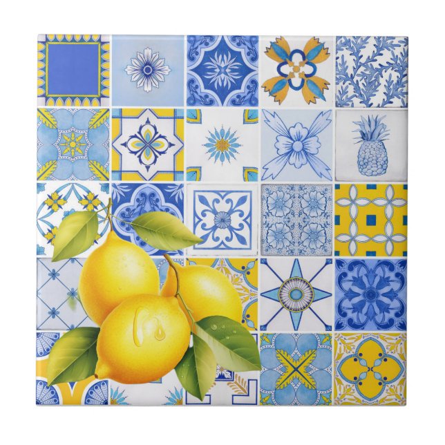 Italian Blue Pattern Lemon Summer Bridesmaid Gift Tile (Front)