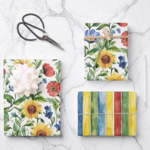Italian Blue Red Yellow Floral Stripes Birthday Wrapping Paper Sheet