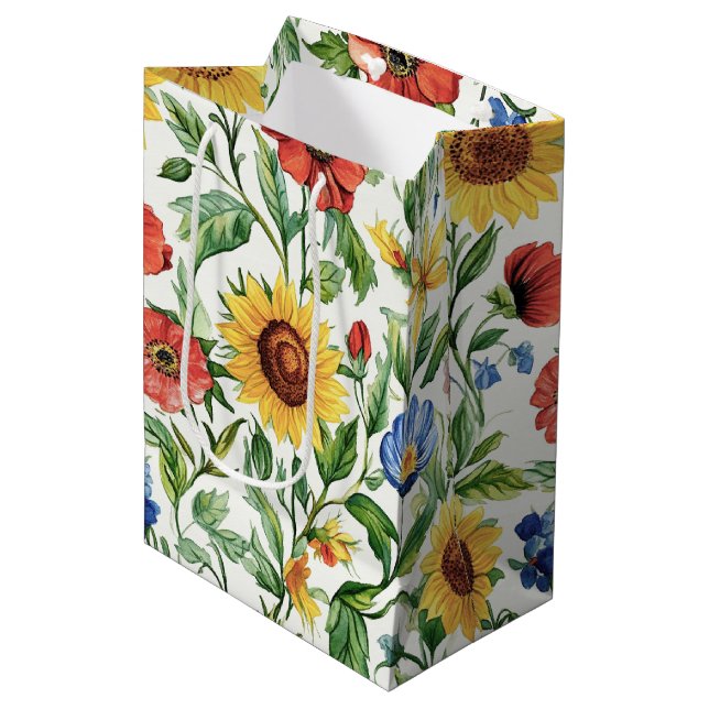 Italian Blue Red Yellow Sunflowers Floral Birthday Medium Gift Bag (Front Angled)