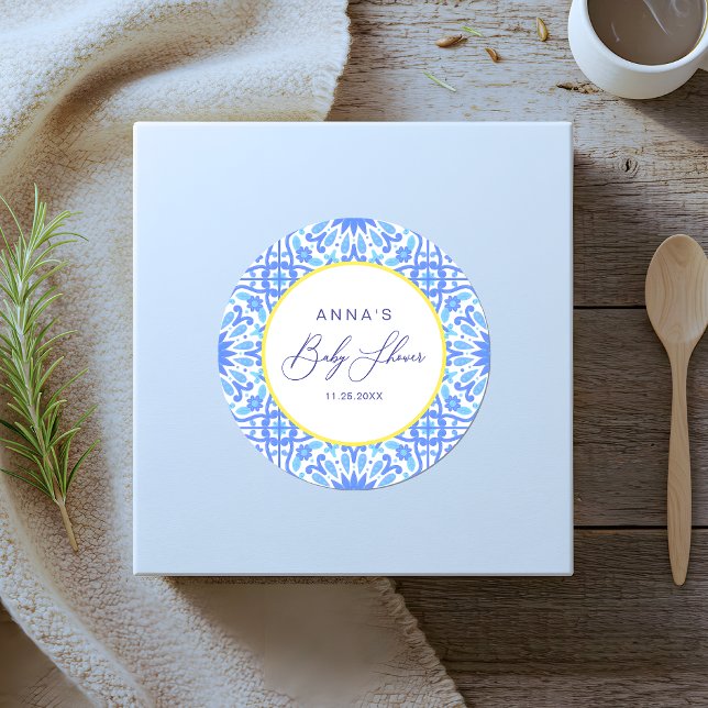 Italian Blue Tile Baby Shower Yellow Line Classic Round Sticker (Creator Uploaded)