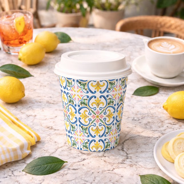 Italian Blue Tile Bridal Shower  Paper Cups (Italian blue tile bridal shower paper cups. Shop the full Italian Lemon Bridal Shower Collection )
