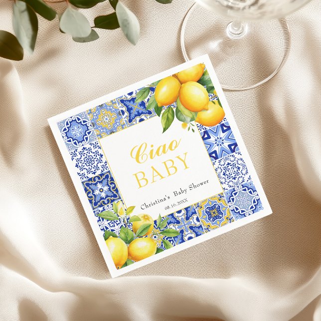 Italian Blue Tile Citrus Lemon Baby Shower Napkin (Creator Uploaded)