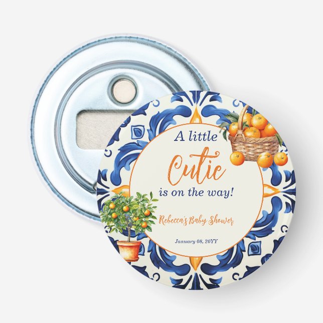 Italian Blue Tile Cutie Orange Citrus Baby Shower Bottle Opener (Front)