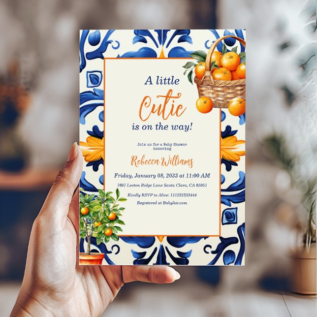 Italian Blue Tile Cutie Orange Citrus Baby Shower Invitation (Creator Uploaded)