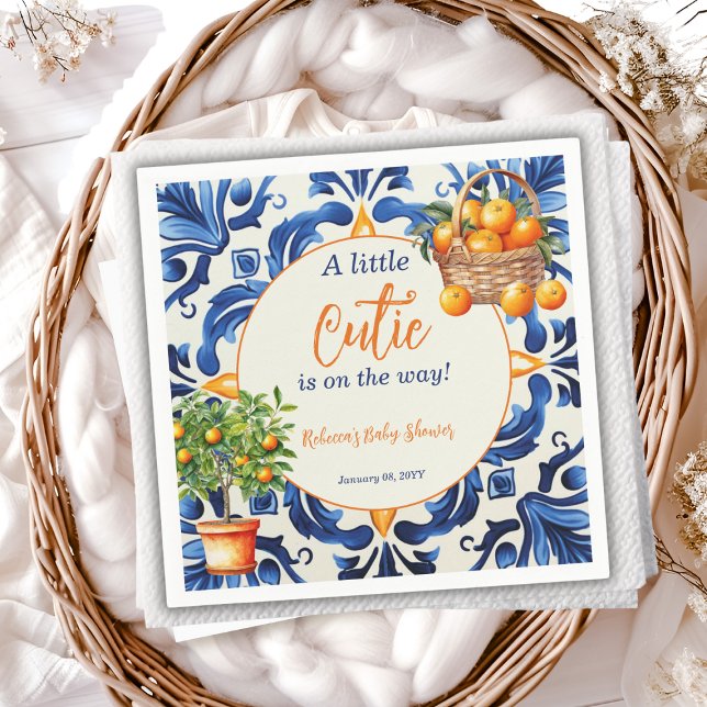 Italian Blue Tile Cutie Orange Citrus Baby Shower Napkin (Creator Uploaded)
