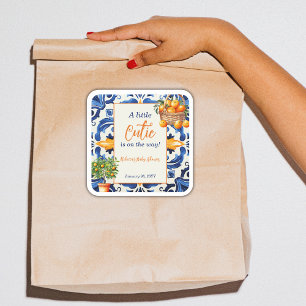 Italian Blue Tile Cutie Orange Citrus Baby Shower Square Sticker