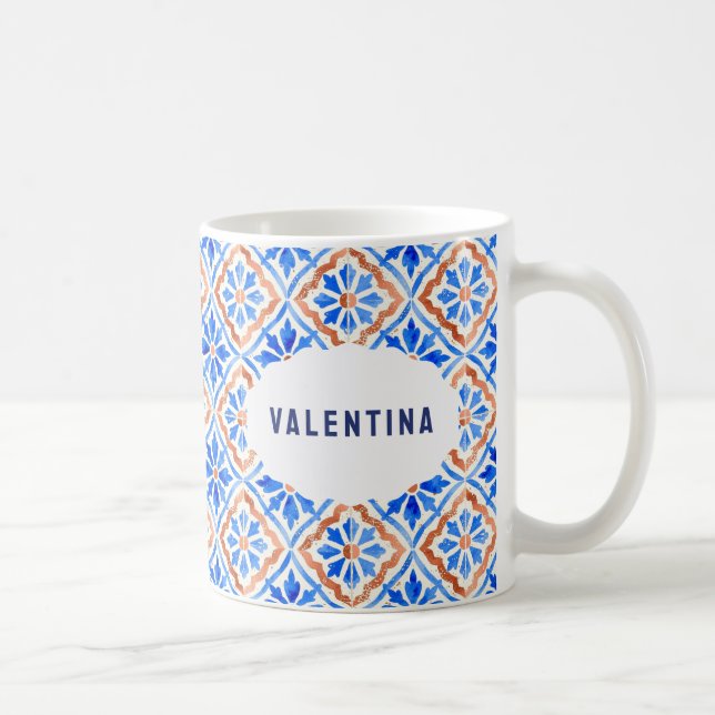Italian Blue Tile Elegant Patterned Custom Name Coffee Mug (Right)