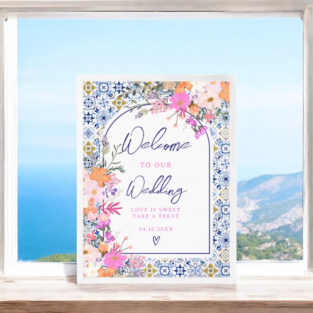 Italian blue tile floral chic wedding welcome poster (Italian blue tile floral chic wedding welcome poster)