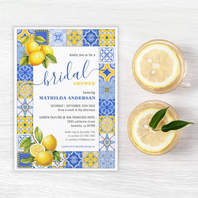 Italian Blue Tile Lemon Amalfi Bridal Invitation (Italian Blue Tiles Lemon Summer Bridal Shower Invitation)