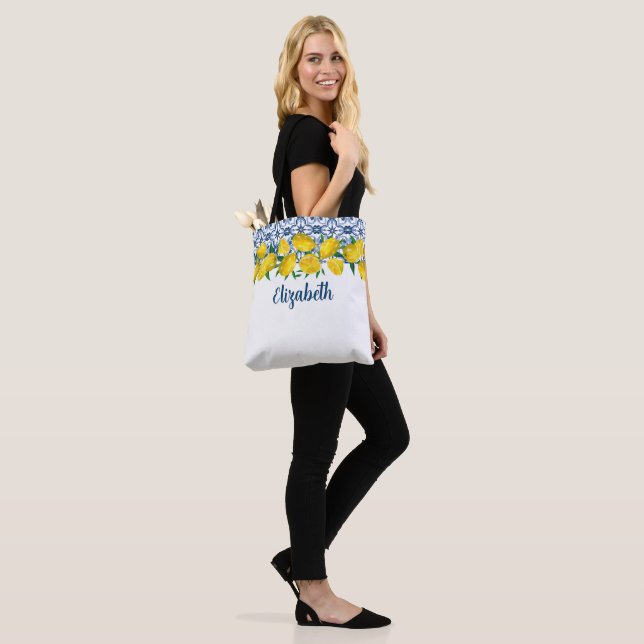 Italian Blue Tile Lemon Boho Bridesmaid Wedding  Tote Bag (On Model)