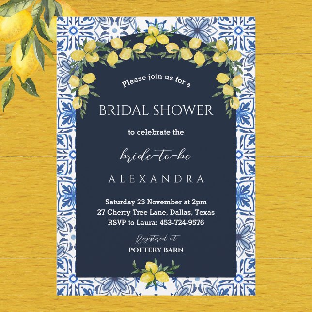 Italian Blue Tile Lemon Bridal Shower Invitation (Creator Uploaded)