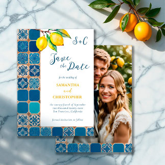 Italian Blue Tile Lemon Citrus Mediterranean Photo Save The Date
