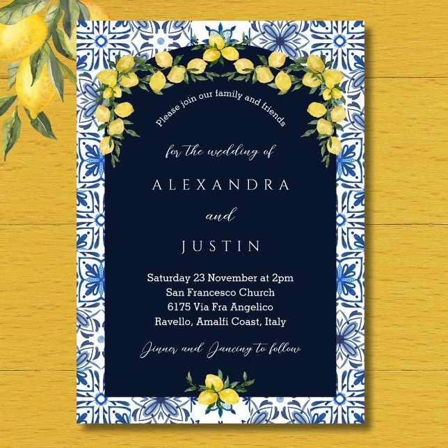 Italian Blue Tile Lemon Mediterranean Wedding Invitation (Creator Uploaded)