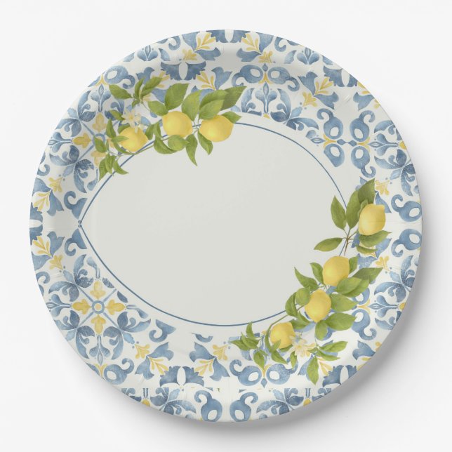 Italian Blue Tile Lemon Paper Plate (Front)