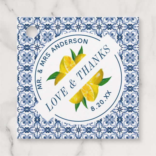 Italian Blue Tile Lemon Wedding Favour Tags (Front)
