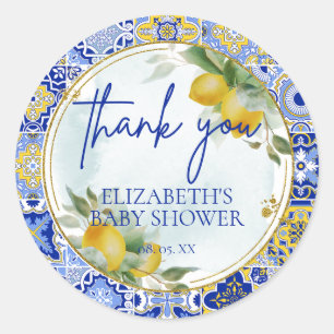 Italian Blue Tile Lemons Citrus Script Thank You  Classic Round Sticker