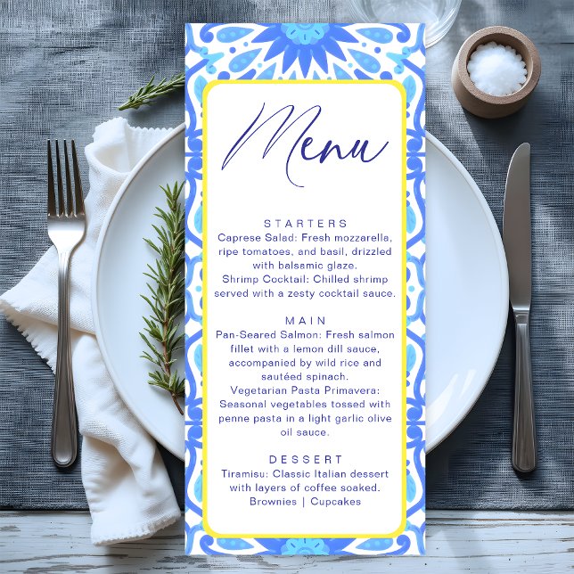 Italian Blue Tile Yellow Baby Shower Minimal Menu (Creator Uploaded)