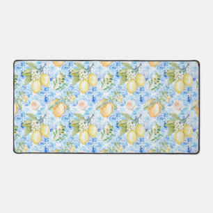 Italian Blue Tile Yellow Citrus Watercolor Desk Mat