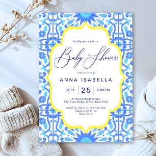 Italian Blue Tile Yellow Frame Baby Shower Invitation